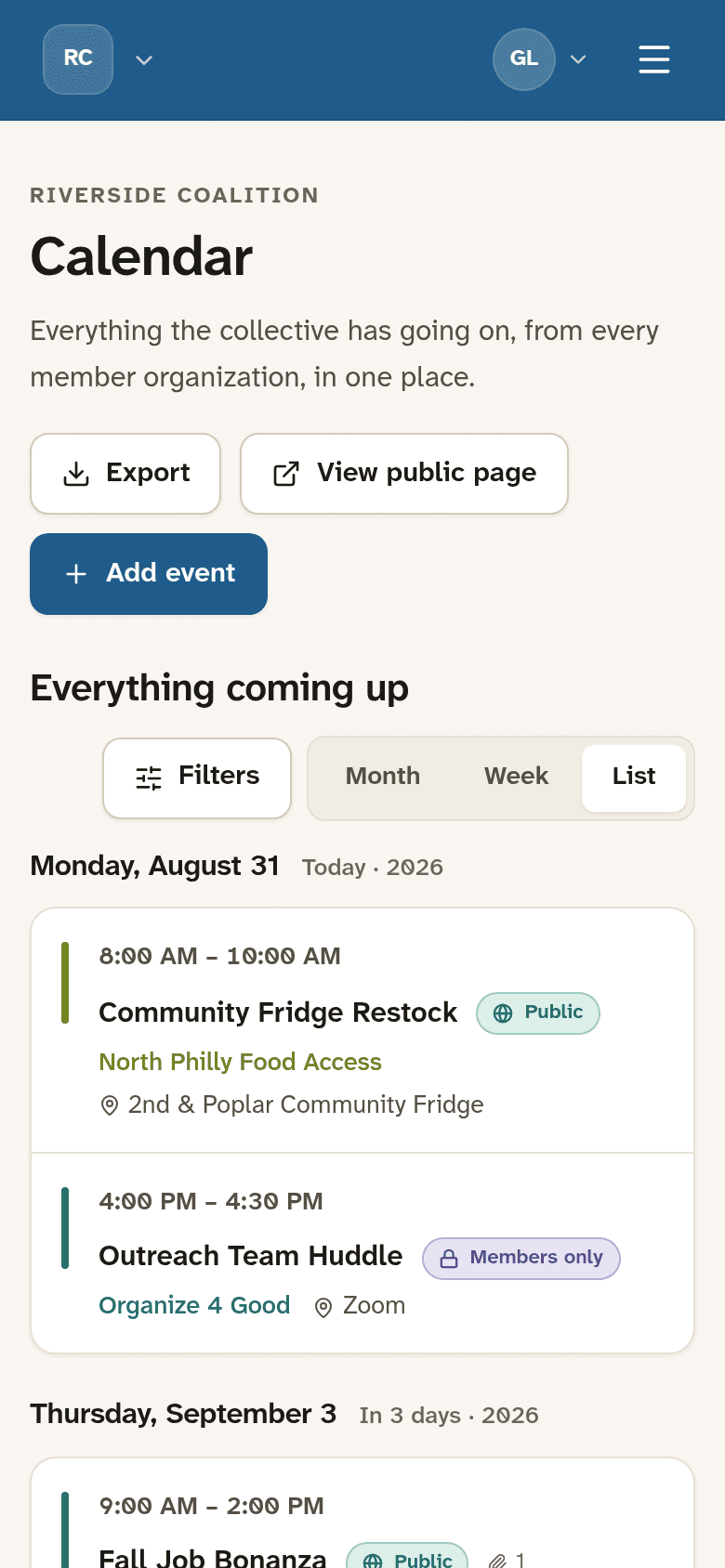 The shared calendar on a phone, as an agenda list