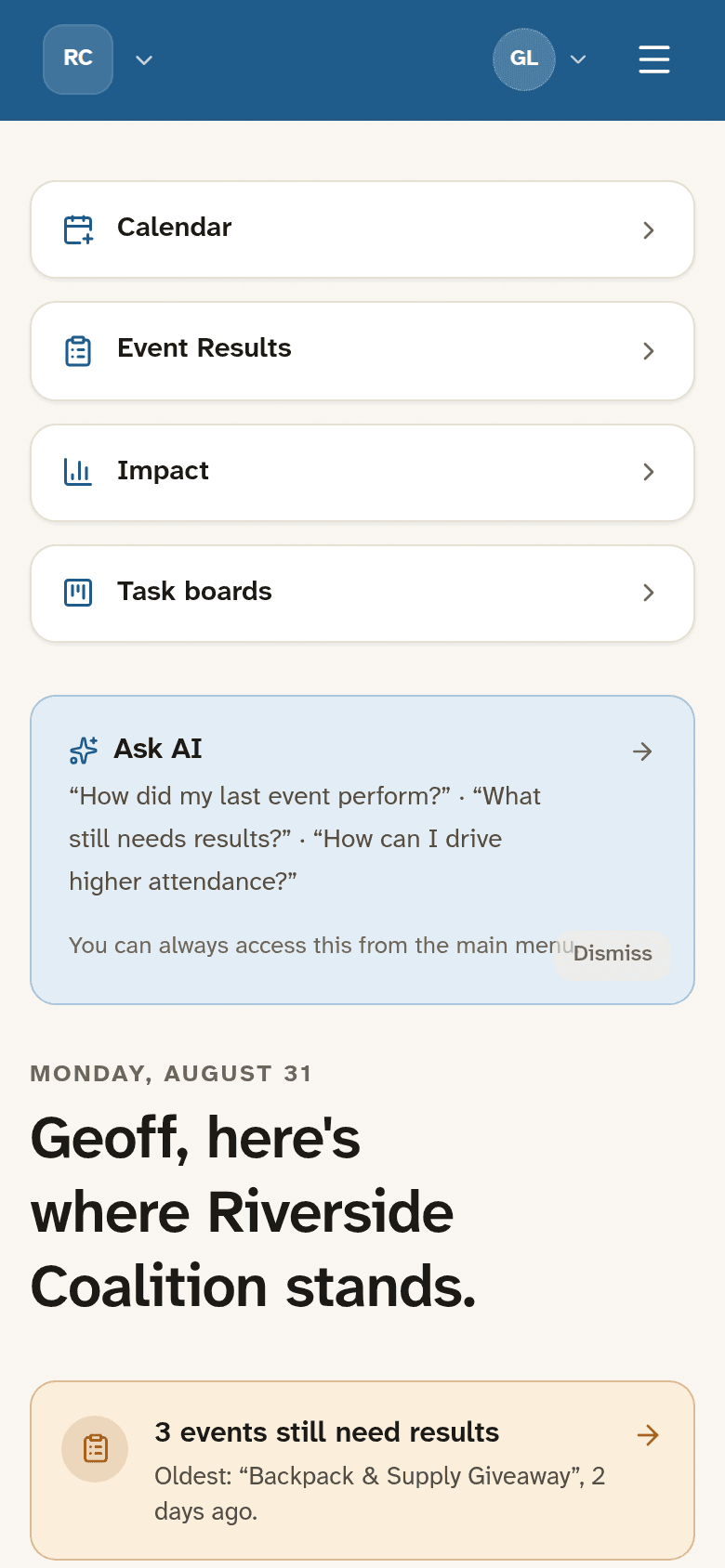 Mobile home dashboard showing what needs attention