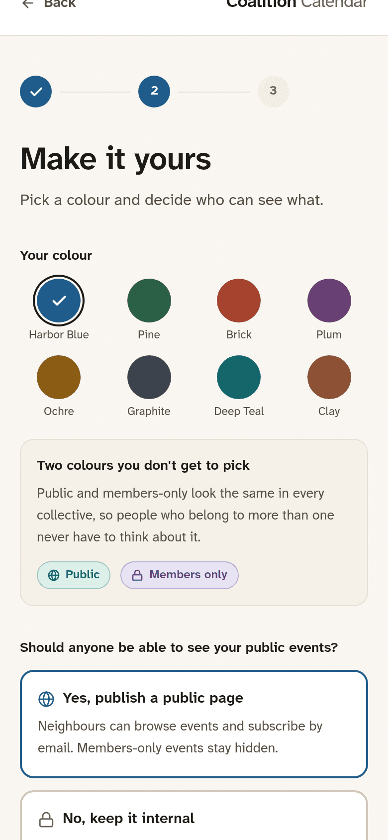 Onboarding flow with brand color and a fixed status pair